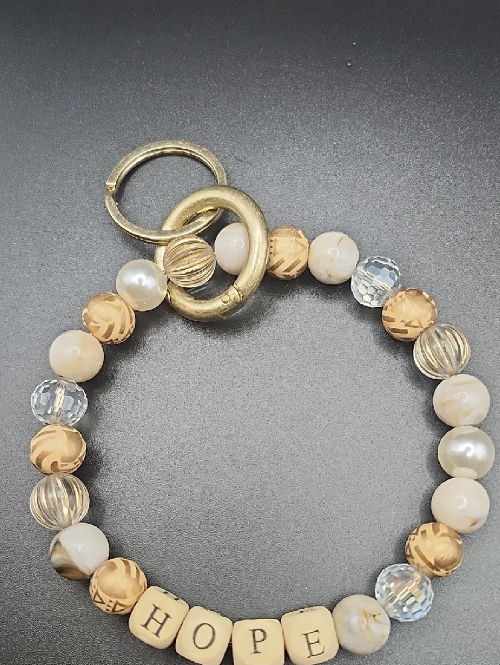 Beaded Wrist Key & Card Holder in Cream and Gold - HOPE Charm - Picture 4 of 5